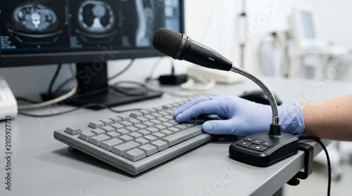 Dictation microphone mounted beside the radiography workstation keyboard - Medical Imaging & Radiology Equipment Stock Photo