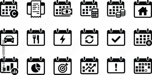 Set of calendar icons with various financial and business symbols