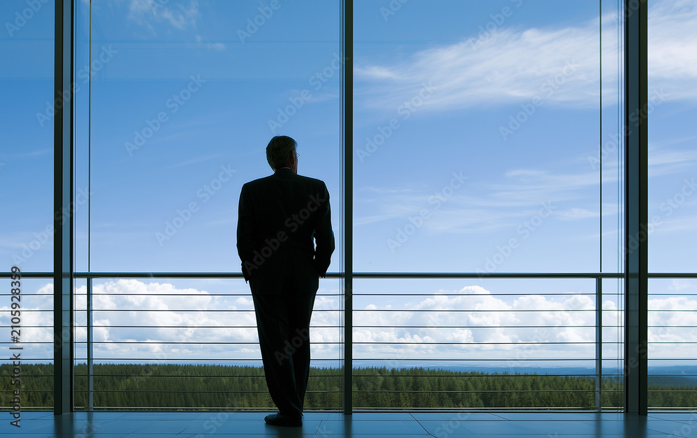 Fototapeta premium Businessman in suit looking out expansive office window at bright blue sky with clouds