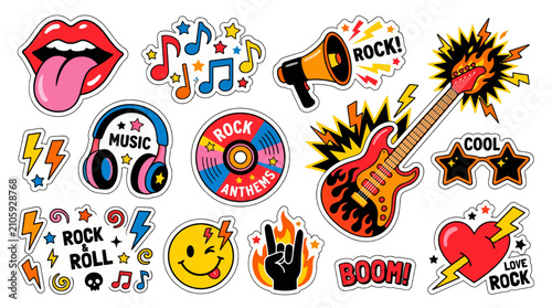 Rock and Roll Music Stickers Collection with Guitar Lips Headphones and Symbols transparent background