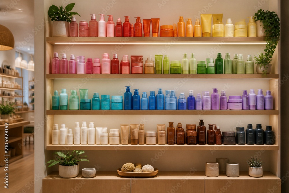 Fototapeta premium Shelf of colorful cosmetic bottles arranged by color in store
