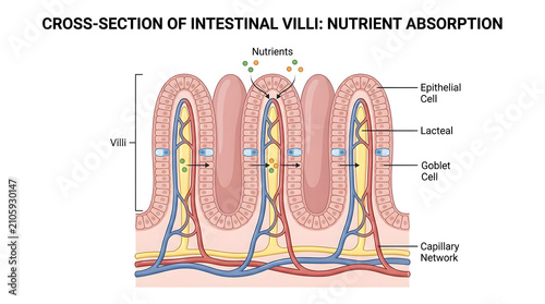 Educational diagram of intestinal villi and nutrient absorption processes with intestine