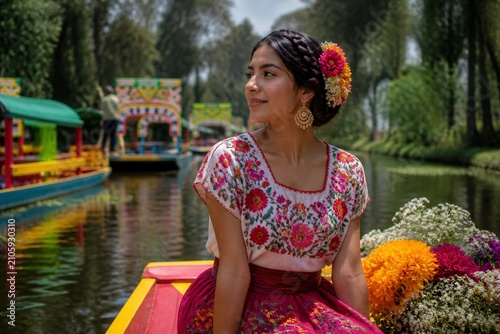Young woman wearing traditional embroidered dress on canal boat