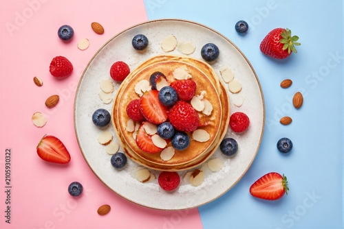 Stack of pancakes topped with berries on pastel background
