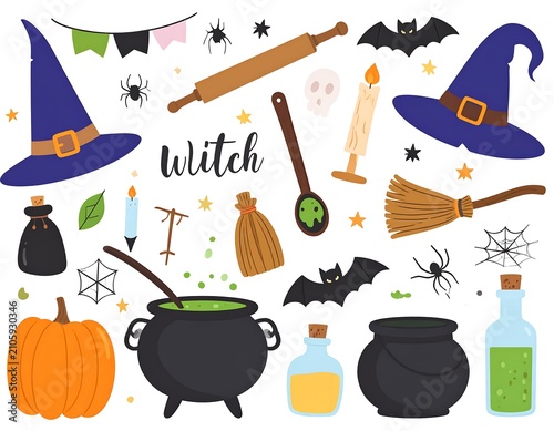 Halloween witch themed flat lay with cauldron and potions.