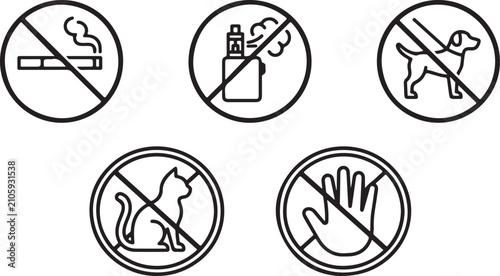 Photography Set of prohibited signs including no smoking, no vaping, no pets, and no touchin