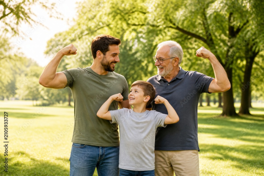 Fototapeta premium Man boy and grandfather flexing muscles in sunny park