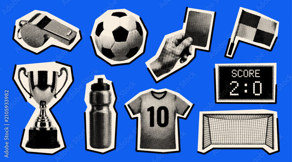 Obraz premium Football Elements Set with Whistle, Ball, Goalpost, Jersey, and Trophy, Soccer Collage in Retro Halftone Effect Style