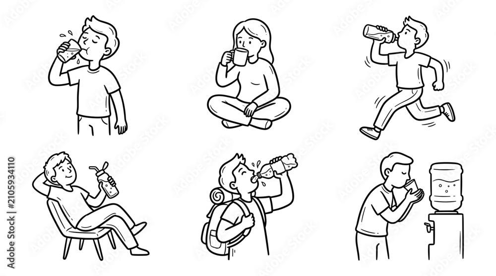 Fototapeta premium Collection of People Drinking Water in Various Situations