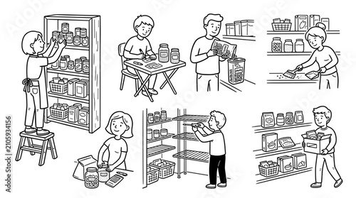 People organizing and cleaning food pantry shelves with jars and boxes