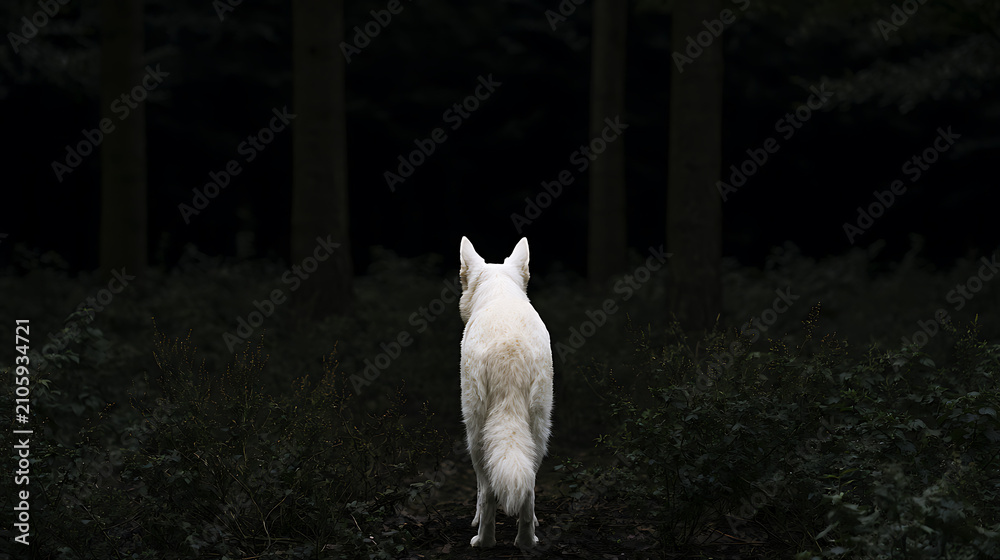 Obraz premium White animal stands at the edge of a dark, dense forest, looking into the deep woods, evoking mystery and solitude in nature at dusk