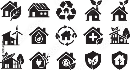 Set of eco friendly house icons for sustainable living and green energy home design concepts
