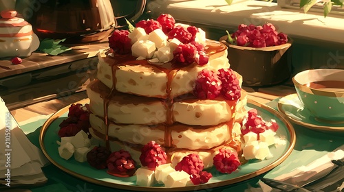 Fresh strawberries layered in white cream on green plates