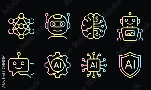Artificial intelligence line icon. Neon gradient AI technology symbols for digital design.