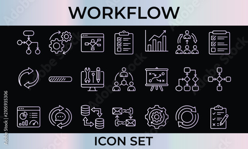 Business workflow icon set. Linear symbols for project management and process automation.