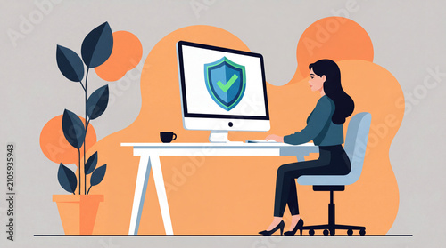 Businesswoman or IT specialist working on computer with cybersecurity shield and checkmark on screen. Flat vector illustration of data protection, internet security, privacy control, and safe network