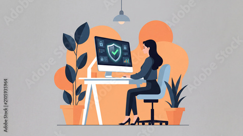Businesswoman or IT specialist working on computer with cybersecurity shield and checkmark on screen. Flat vector illustration of data protection, internet security, privacy control, and safe network