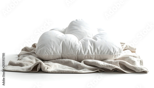 Isolated fluffy white pillows and a rumpled beige blanket arranged on a neutral background, soft comfort and relaxation, sleep aid