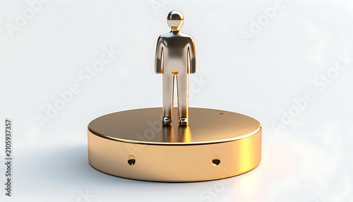 Isolated polished metallic figure standing on a golden circular platform, symbolizing achievement and success on a clean, bright background.
