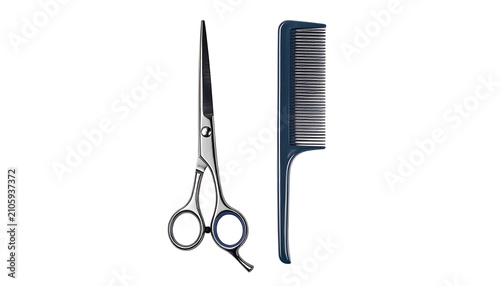 Isolated professional barber scissors and comb, grooming tools for haircutting and hairstyling, salon equipment
