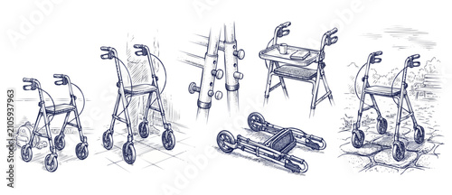 Foto Rollator walker mobility aid sketch showing folded and standing positions with a