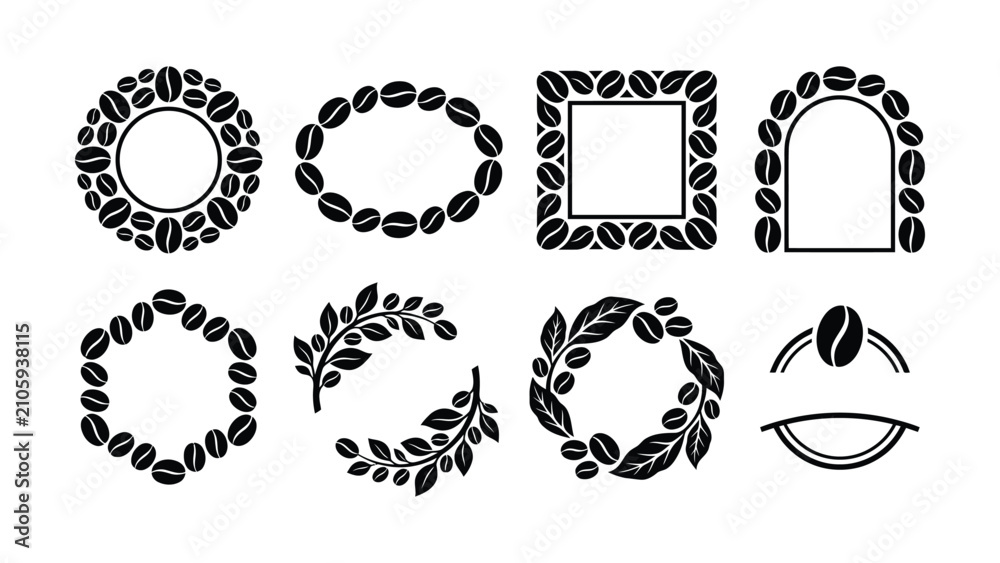 Fototapeta premium Coffee beans and leaves frame elements for graphic design templates