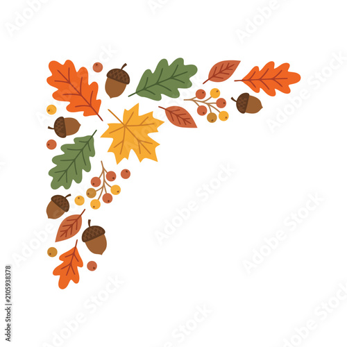 Autumn leaves corner frame. Fall foliage border with acorns and berries.