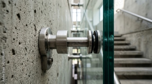 Metal handrail supports glass railing along a concrete stairway in a modern building.