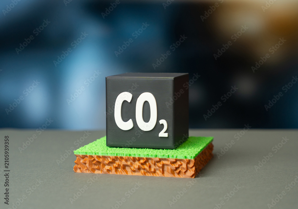 Fotografie A plot of land and a black CO2 cube