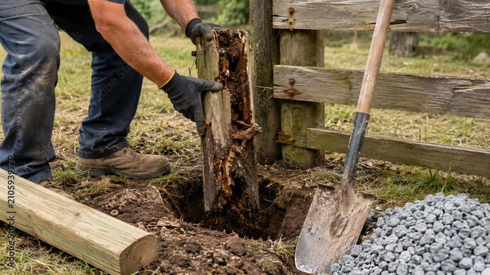 Fototapeta premium Worker removing rotted wooden post from hole for fence installation. Contractor replacing damaged pillar with new timber. Home improvement, property maintenance, construction service work.