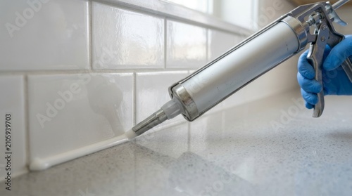 Gloved hand applies white caulk along tiled surface in the bathroom.