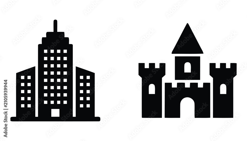 Fototapeta premium High Rise Corporate Office Building and Medieval Castle Fortress Icons Set Minimalist Solid Black Geometric Shapes Vector Pack