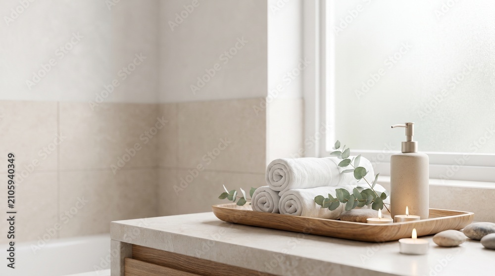 Fototapeta premium Spa bathroom still life with rolled white towels, lotion dispenser, candle, eucalyptus leaves, wooden tray, soft natural light aesthetic
