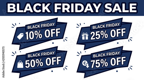 Black Friday sale tags communicate significant discount percentages for retail consumer events.