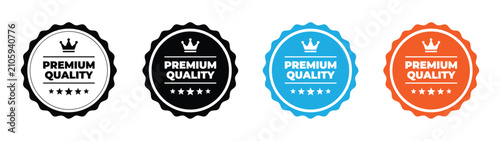 Bild auf Leinwand Set of Premium Quality Badges: A collection of four circular badges, each signifying Premium Quality with a crown emblem and star rating, presented in distinct color schemes for versatile branding