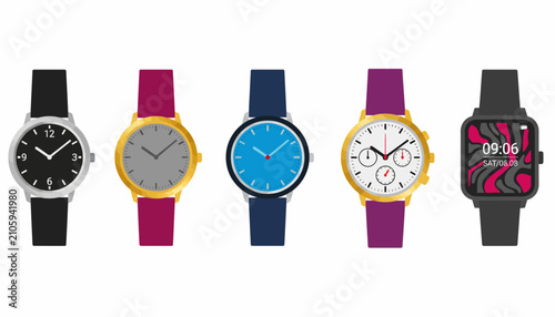 Fotografie Watches featuring various designs and colored straps provide a comprehensive look at modern timekeeping accessories
