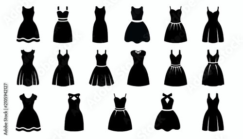Obraz na płótnie Dresses in various feminine styles are presented as a collection of black silhouettes on a white background