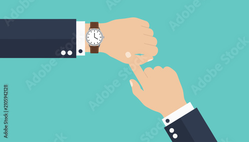 Fotografie Businessman wearing a formal suit points at his wristwatch to indicate a deadline or a strict schedule for professional meetings