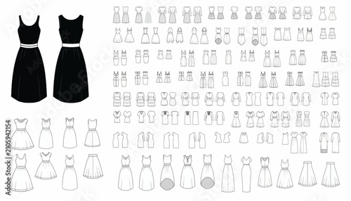 Obraz na płótnie Garment sketches feature an extensive library of dress designs organized for fashion industry technical specifications and style planning