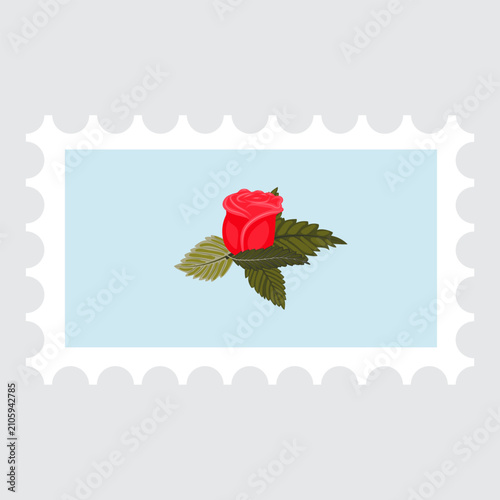 A postage stamp depicting a graceful red rose with five leaves. Vector illustration isolated on a gray background.