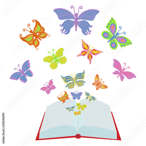 A book spread with butterflies flying out from its pages. Vector illustration isolated on a white background.