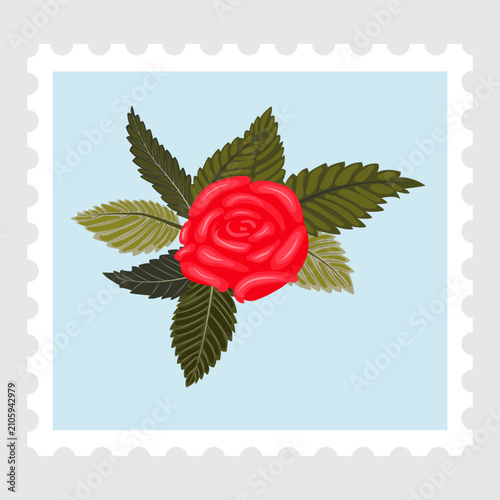 A postage stamp depicting a lush red rose framed by leaves. Vector illustration isolated on a gray background.