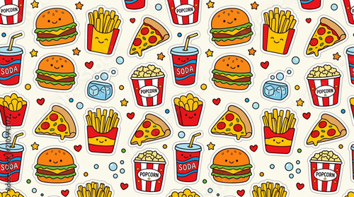 Cute fast food seamless pattern with cartoon sticker doodles of burger fries pizza soda and popcorn
