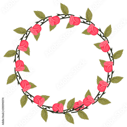 A wreath of light pink, lush roses, buds, and leaves for your design. Vector illustration isolated on a white background.