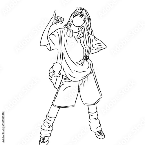 Trendy Streetwear Girl Taking Photo – Minimalist Line Art Illustration