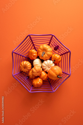 Fotografie Happy Halloween pumpkin display in a purple spiderweb basket on orange vertical