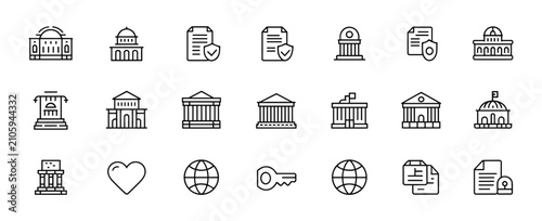 Bild auf Leinwand Government Buildings and Documents Icons: A collection of clean line icons representing various government buildings, official documents, and symbols of security and trust