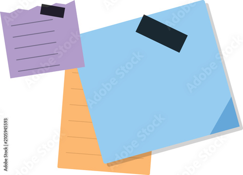 A stack of colorful sticky notes with tape isolated on a white background