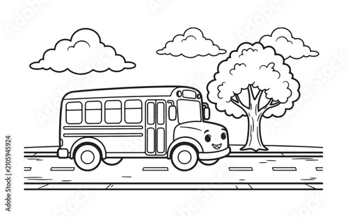 Cute school bus coloring page on road with tree and clouds vector line art