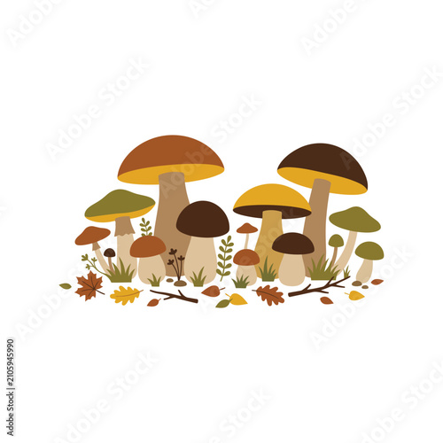 Autumn mushrooms and fallen leaves vector. Seasonal forest fungi illustration for fall design.